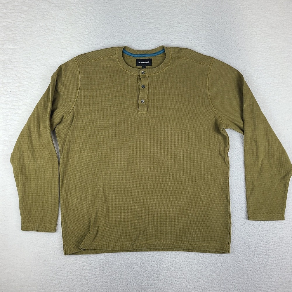 Bonobos Henley Shirt Mens Large Olive Green Cotton Crewneck Thermal Sweatshirt